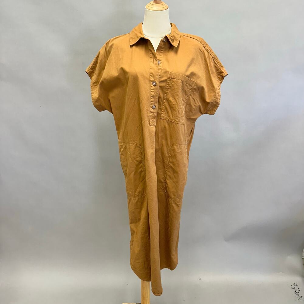 Gap short sleeve popover midi dress in deep camel size Medium Tall 100% cotton